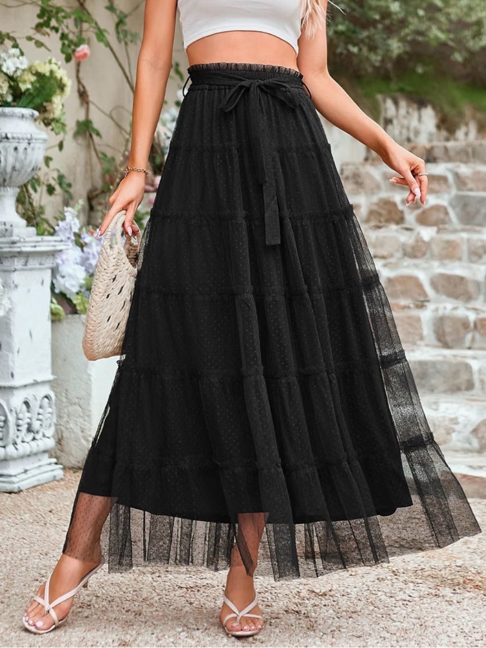 Black Maxi Tulle Skirt with Paperbag Waist and Tie